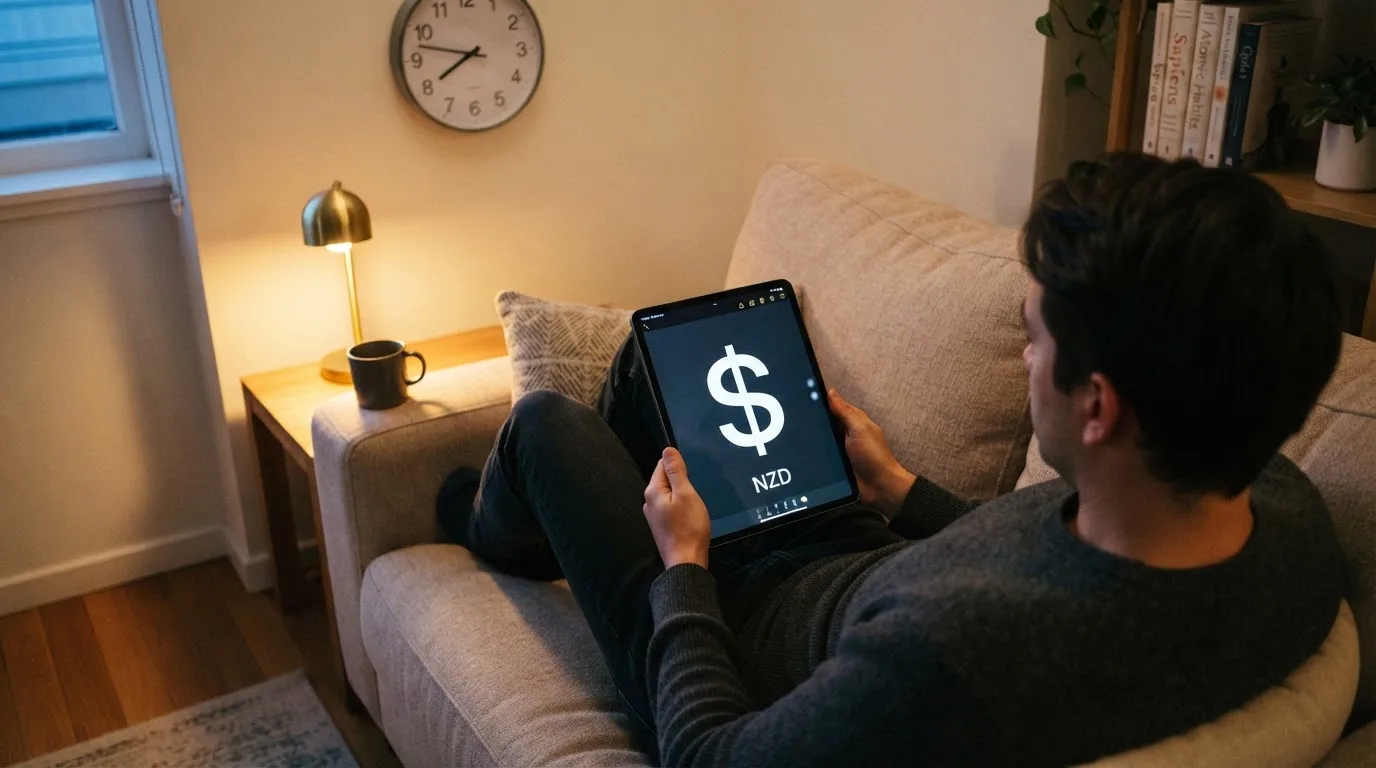 A person on a sofa looking thoughtfully at a tablet, a wall clock in the background