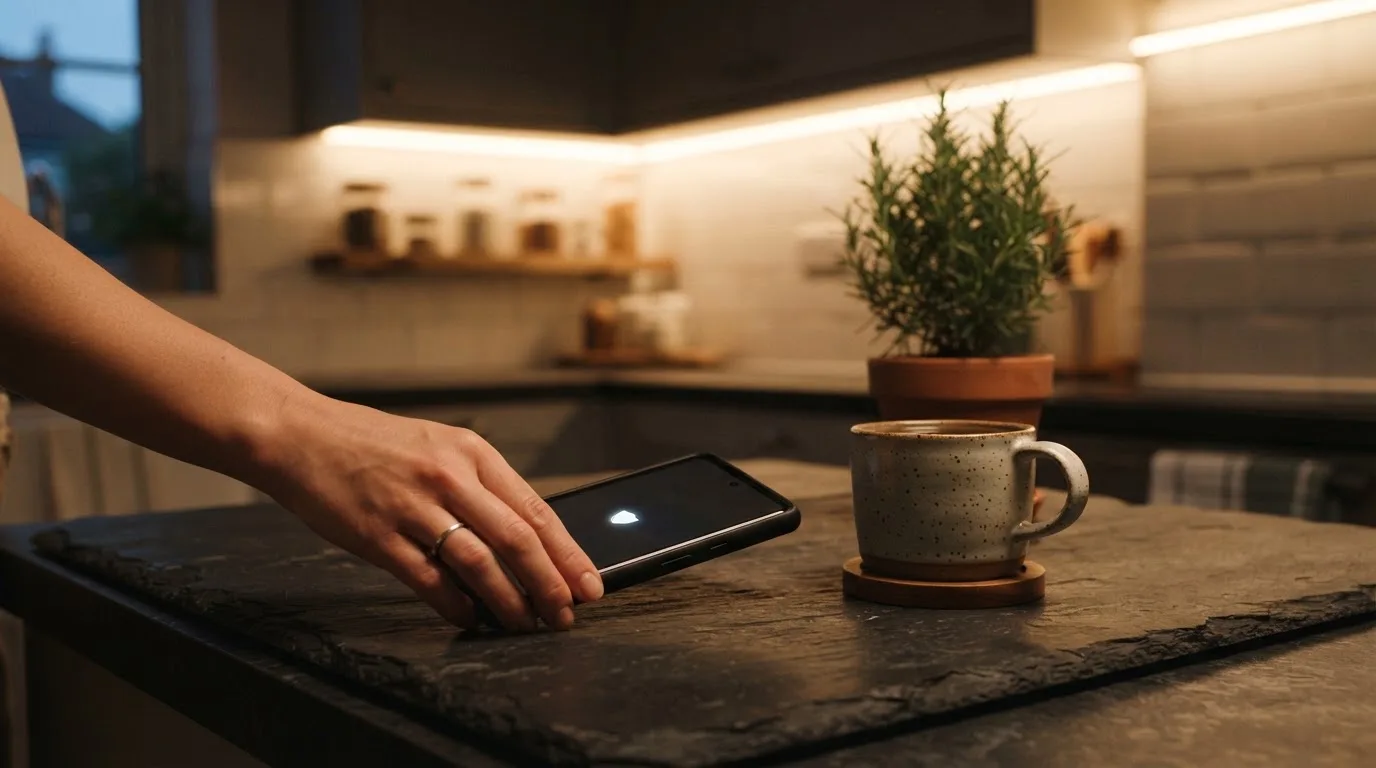 A hand setting a smartphone down beside a cup of tea on a kitchen table on a quiet evening