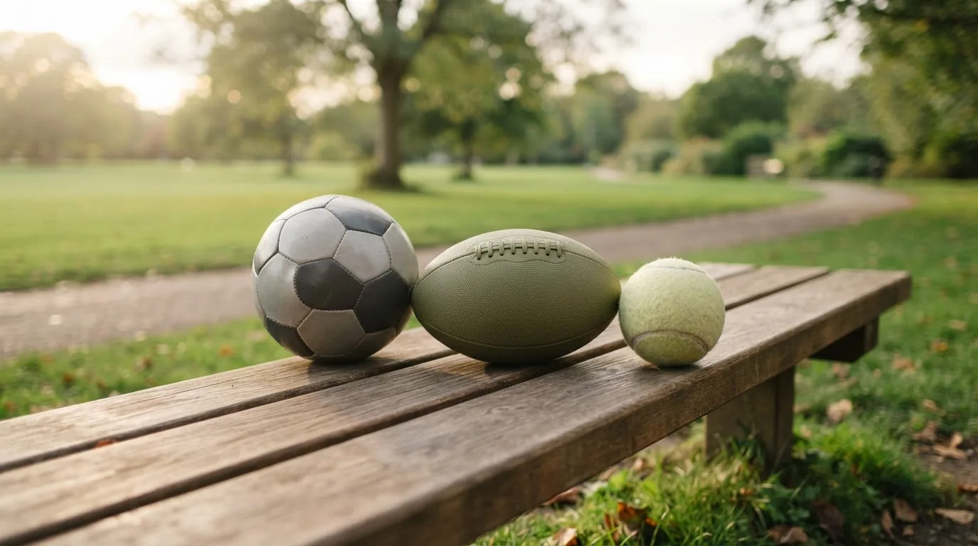 Three balls of different kinds side by side on a wooden bench