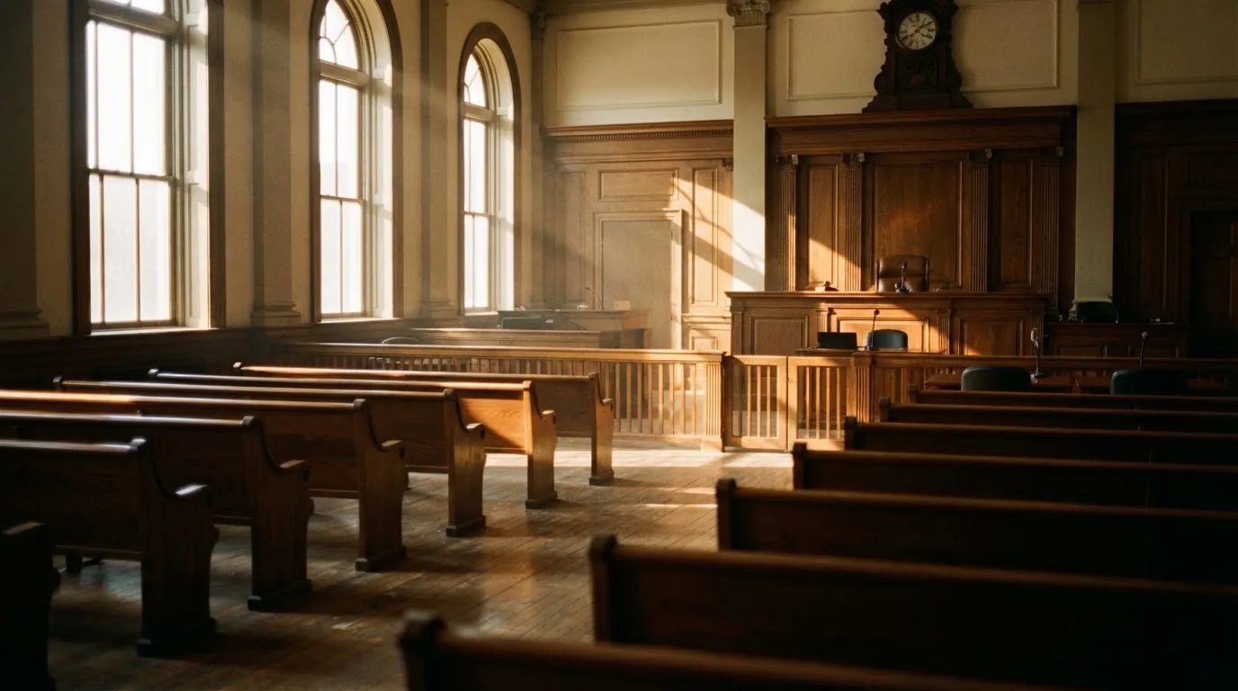 An empty courtroom with wooden benches in morning light